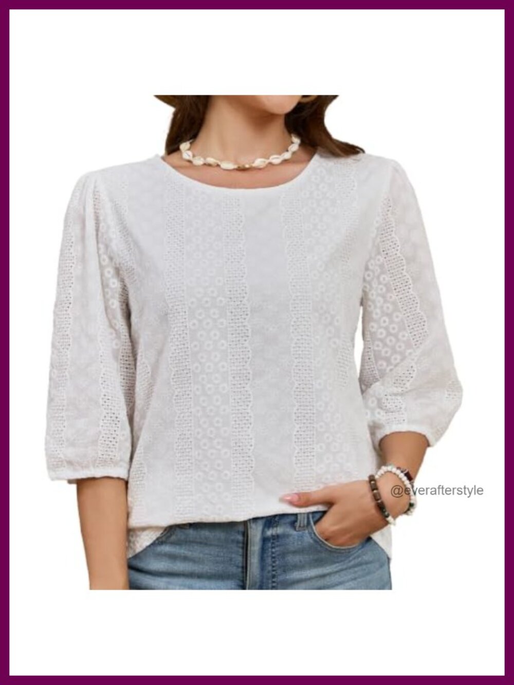 Women's Cotton Eyelet Embroidered Tunic Top 3/4 Sleeve Crew Neck Blouse